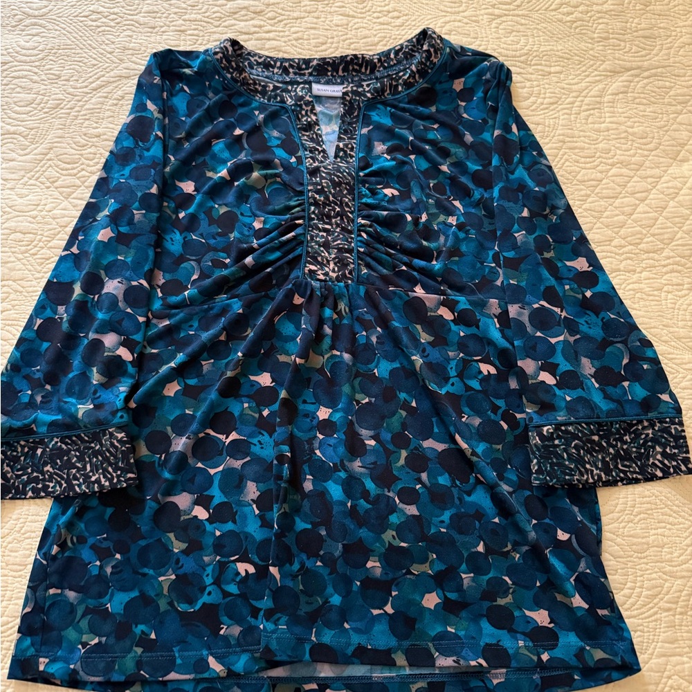 Susan Graver Liquid Knit 3/4 Sleeve Top Teal Pattern Size XS EUC